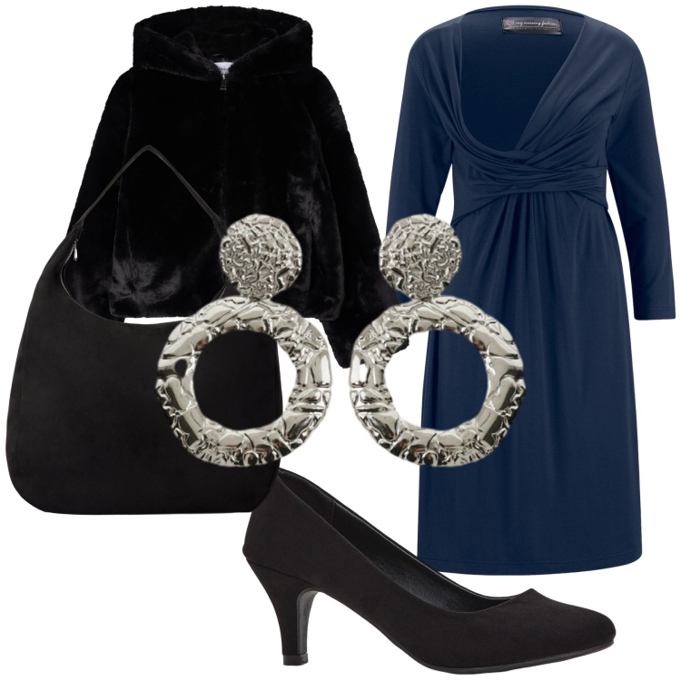 Outfit donna - Cena di compleanno. Stile Chic per Serata fuori. Abbinamento con décolleté, vestiti, ecopellicce, borse a mano, orecchini.