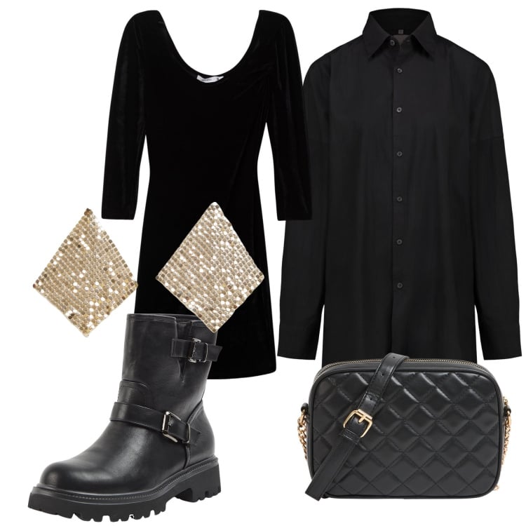 Outfit donna - Luminoso e scontato periodo. Stile Glamour per Serata fuori. Abbinamento con vestiti corti, borse a tracolla, orecchini, stivaletti, camicie.