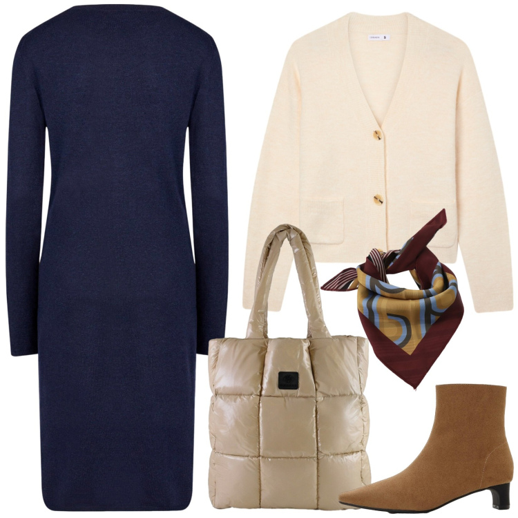 Outfit donna - In giro con mamma. Stile Casual chic per Tutti i giorni. Abbinamento con stivaletti, cardigans, foulard, shopping bag, vestiti midi/longuette.