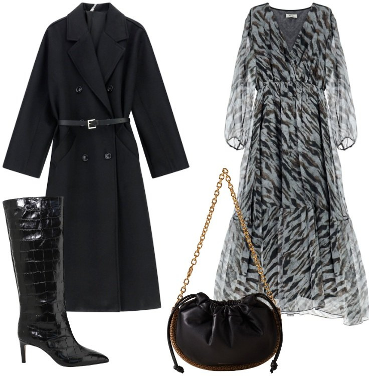 Outfit donna - Glamour per novembre. Stile Glamour per Serata fuori. Abbinamento con cappotti, borse a spalla, vestiti lunghi, stivali.