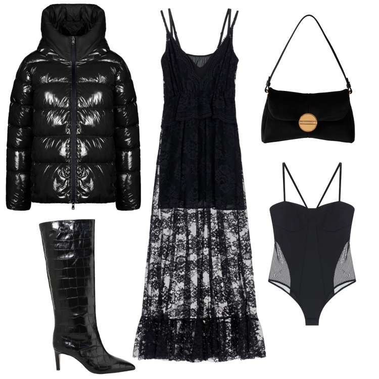 Outfit donna - Dark Winter Romance (Gotico Elegante). Stile Sexy per Serata fuori. Abbinamento con body, borse a tracolla, vestiti lunghi, stivali, piumini.