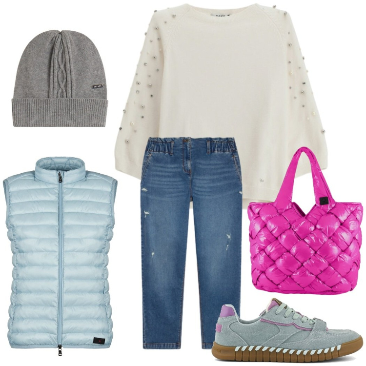 Outfit donna - Urban style. Stile Urban per Tutti i giorni. Abbinamento con maglieria, berretti, borse tote, piumini, jeans strappati, sneakers.