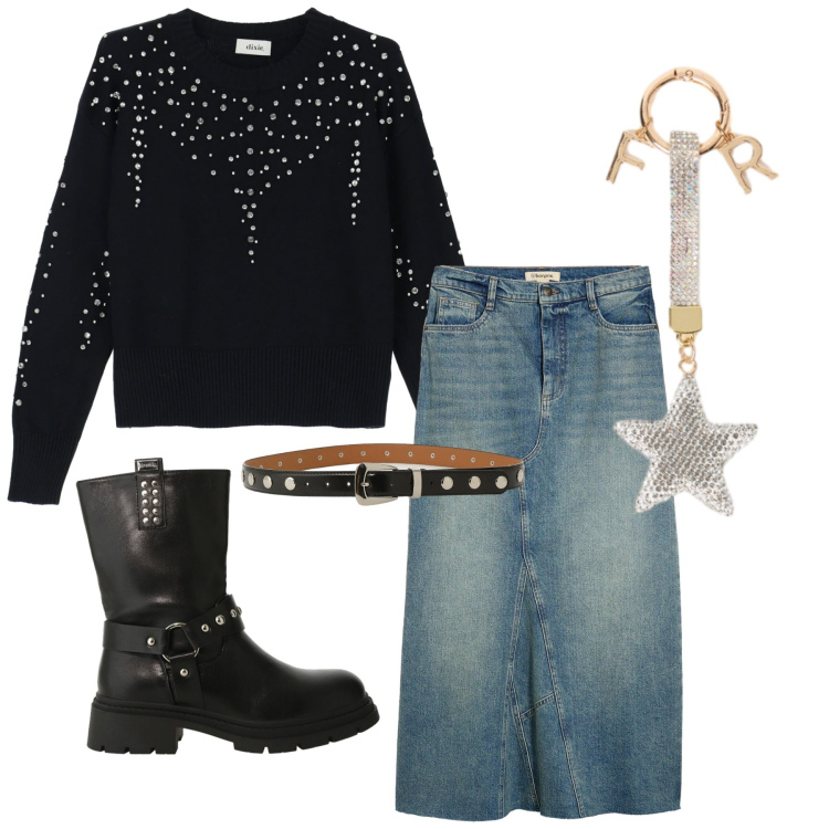 Outfit donna - Serata con stile. Stile Urban per Serata fuori. Abbinamento con gonne, stivali, cinture, maglieria, portachiavi.