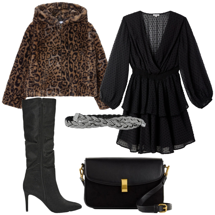 Outfit donna - Total look #2290396. Stile Chic per Serata fuori. Abbinamento con borse a mano, vestiti corti, stivali, ecopellicce, cinture.