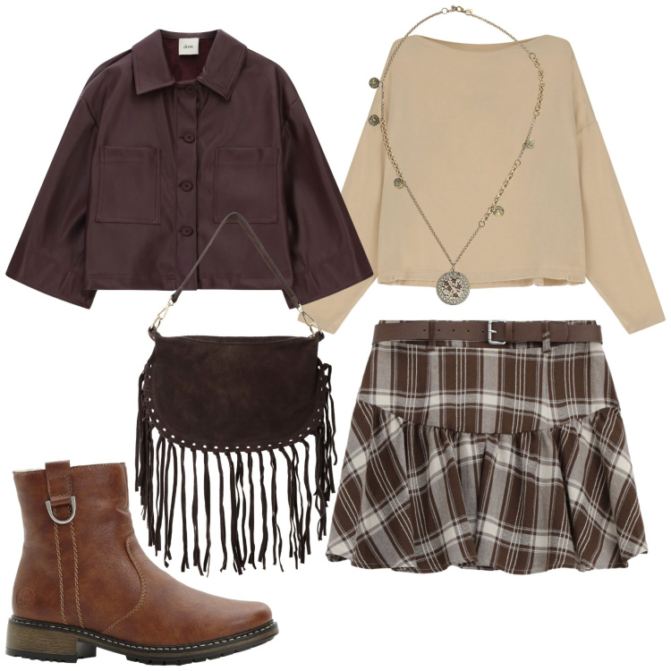 Outfit donna - Total look #2290399. Stile Trendy per Tutti i giorni. Abbinamento con stivaletti, t-shirt, borse a tracolla, minigonne, blazer, ciondoli.