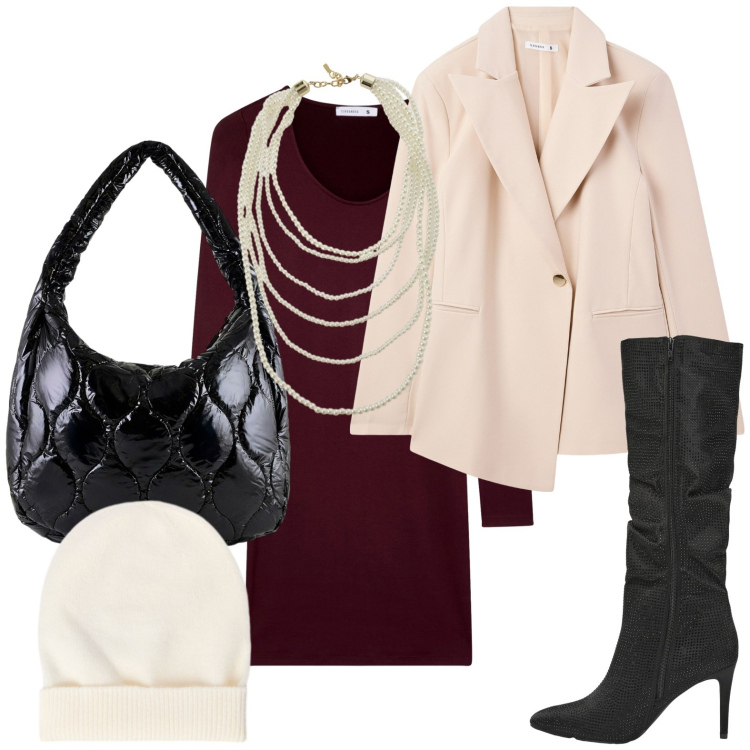 Outfit donna - Ufficio chic. Stile Chic per Ufficio. Abbinamento con vestiti corti, stivali, blazer, collane, borse tote, berretti.