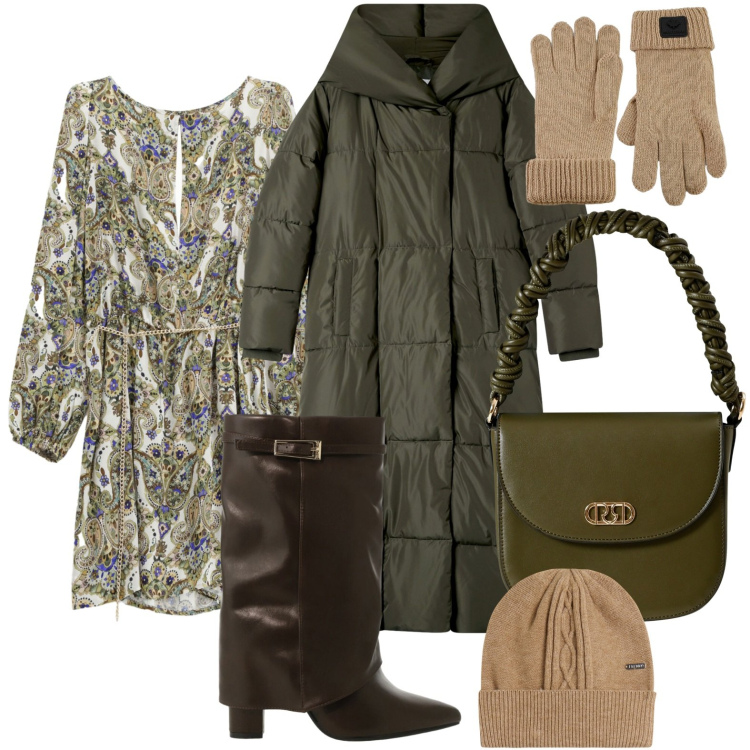 Outfit donna - Il caldo piumone. Stile Glamour per Ufficio. Abbinamento con vestiti corti, cappotti, borse a mano, stivali, berretti, guanti.