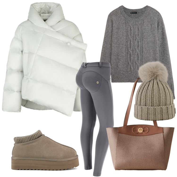 Outfit donna - Look dinamico. Stile Minimal per Tutti i giorni. Abbinamento con shopping bag, pantaloni skinny, maglieria, piumini, berretti, sabot.