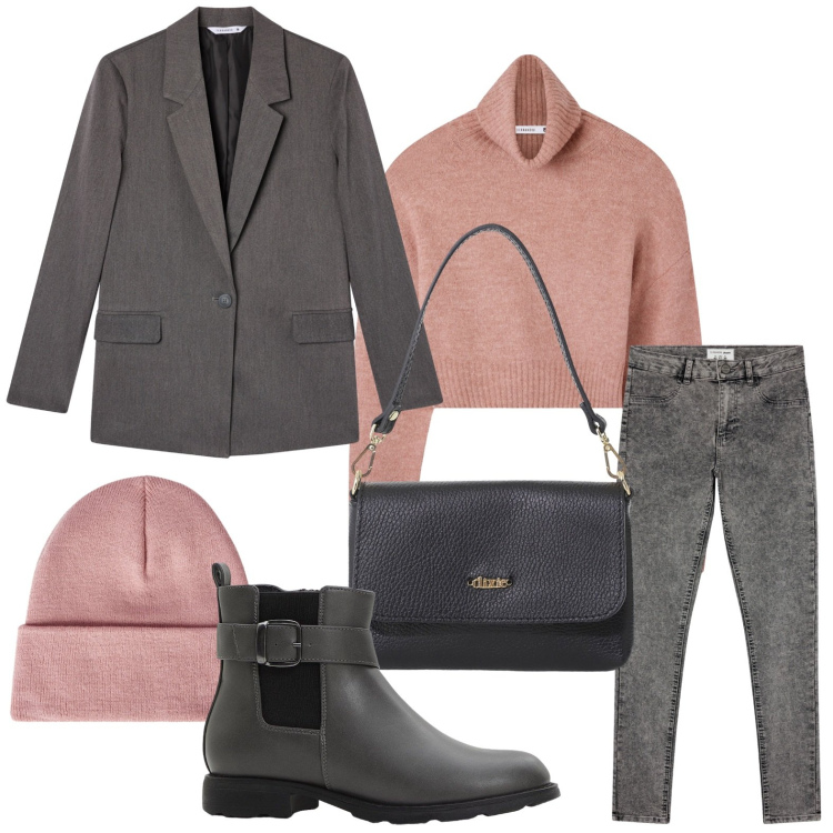 Outfit donna - Giornata urban. Stile Urban per Tutti i giorni. Abbinamento con stivaletti chelsea, berretti, maglieria, jeggings, blazer, borse a tracolla.
