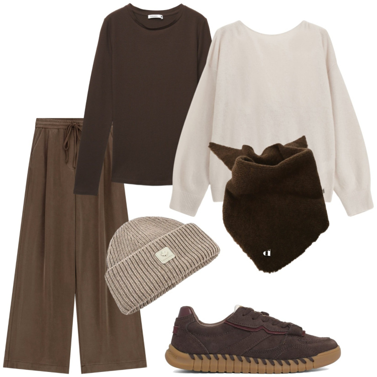 Outfit donna - In toni di marrone. Stile Casual per Tutti i giorni. Abbinamento con t-shirt, cardigans, pantaloni a palazzo, foulard, cappelli, sneakers.