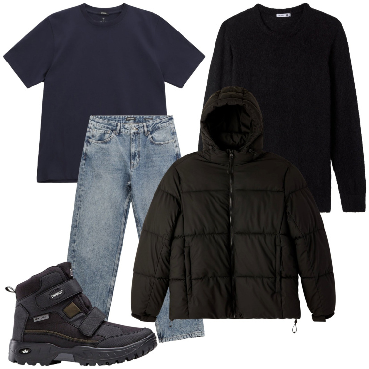 Outfit uomo - Total look #2290411. Stile Casual per Tutti i giorni. Abbinamento con stivali e stivaletti, bomber, maglieria, jeans dritti, t-shirt.