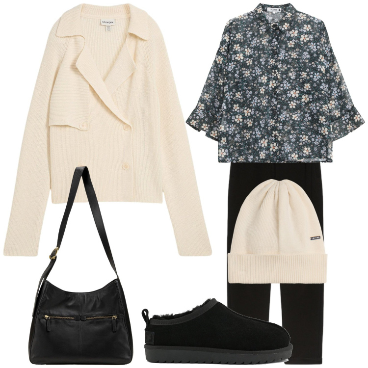 Outfit donna - Non il solito cardigan. Stile Casual per Tutti i giorni. Abbinamento con cardigans, borse a tracolla, camicie, berretti, pantaloni, sabot.