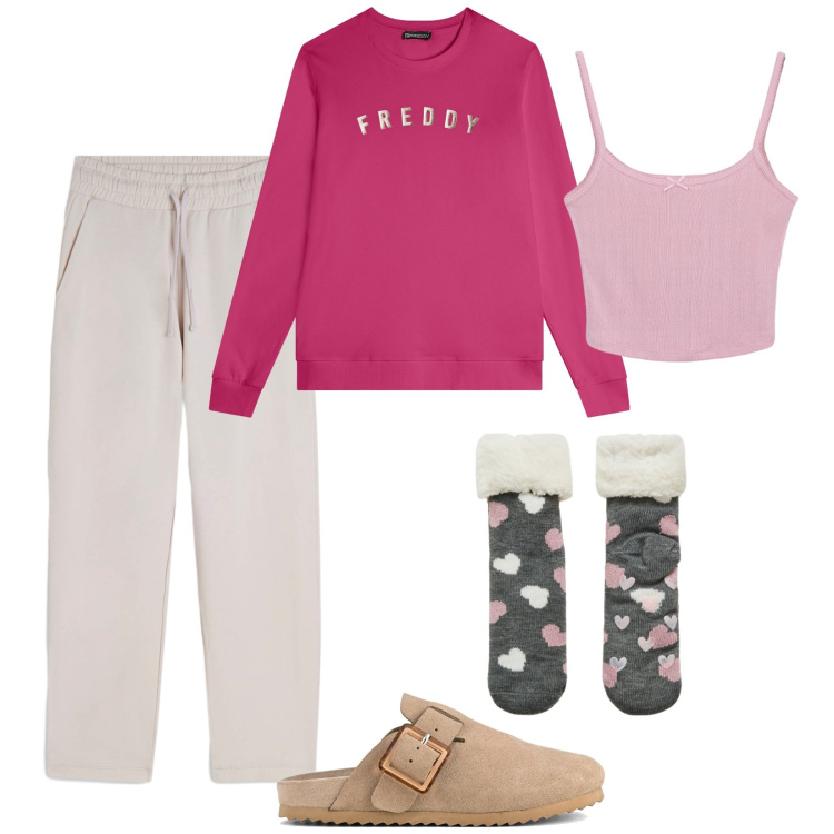 Outfit donna - Per le giornate in casa. per Tutti i giorni. Abbinamento con magliette intime, calzini, felpe, pantaloni, sabot.