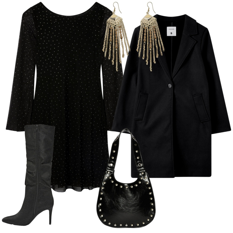 Outfit donna - Serata speciale. per Serata fuori. Abbinamento con vestiti corti, cappotti, stivali, orecchini, borse a spalla.