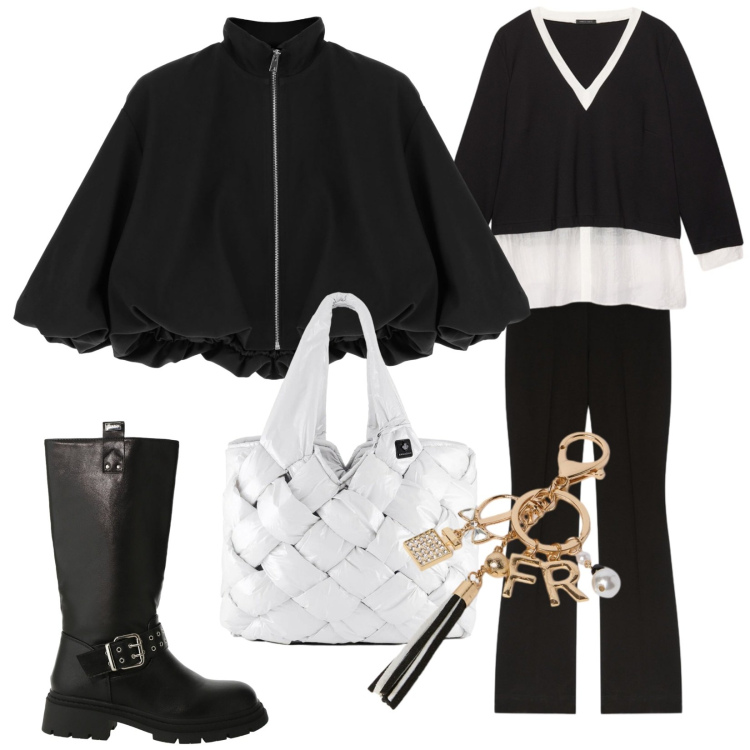 Outfit donna - Bomber con personalità. Stile Trendy per Tutti i giorni. Abbinamento con bomber, stivali, borse tote, camicie, portachiavi, pantaloni.