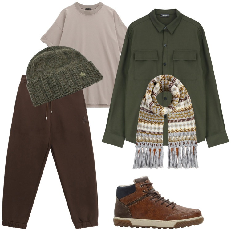 Outfit uomo - Passeggiata in campagna. Stile Casual per Tutti i giorni. Abbinamento con sneakers alte, camicie, t-shirt, pantaloni, cappelli, sciarpe.