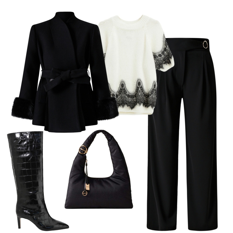 Outfit donna - City. Stile Urban per Tutti i giorni. Abbinamento con pantaloni a palazzo, cappotti, borse a mano, maglieria, stivali.