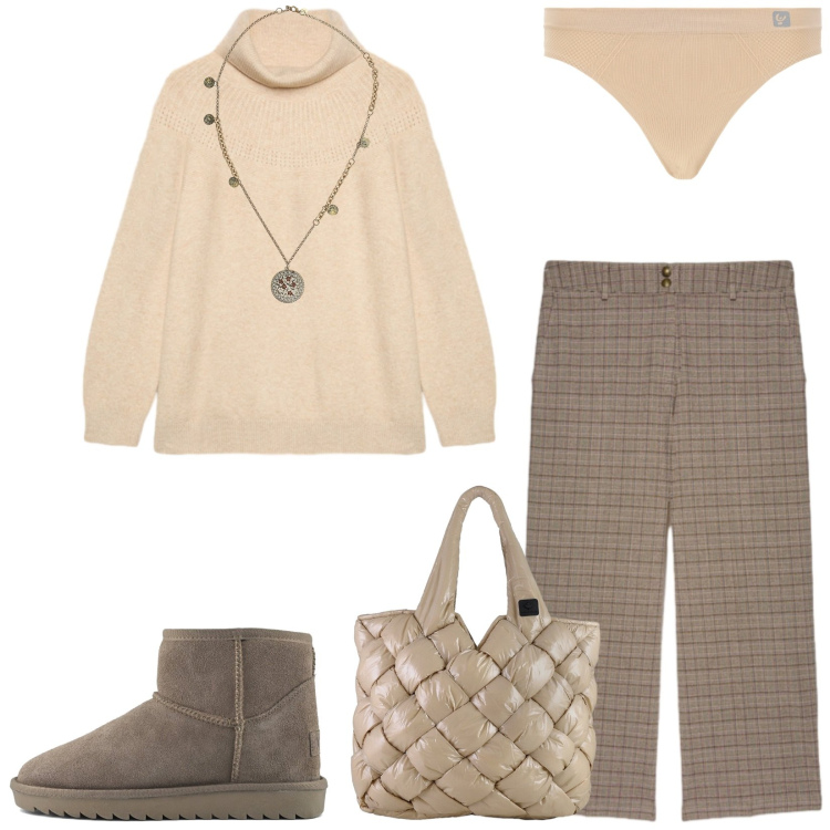 Outfit donna - Il maglione che riscalda. Stile Casual per Tutti i giorni. Abbinamento con perizomi, ciondoli, borse tote, pantaloni, stivali, maglieria.