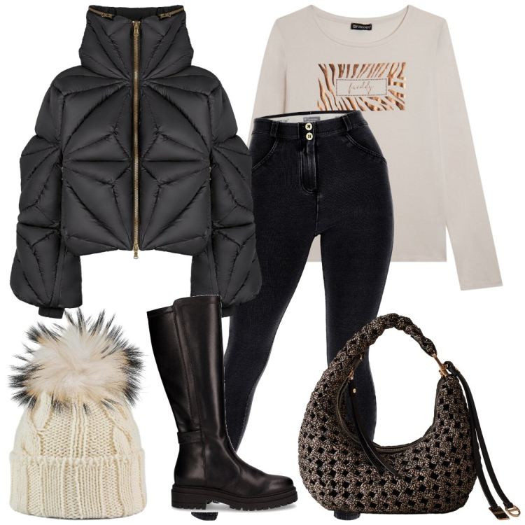 Outfit donna - Sorry chic Borbonese. Stile Sporty chic per Tutti i giorni. Abbinamento con borse a spalla, t-shirt, jeggings, berretti, piumini, stivali.