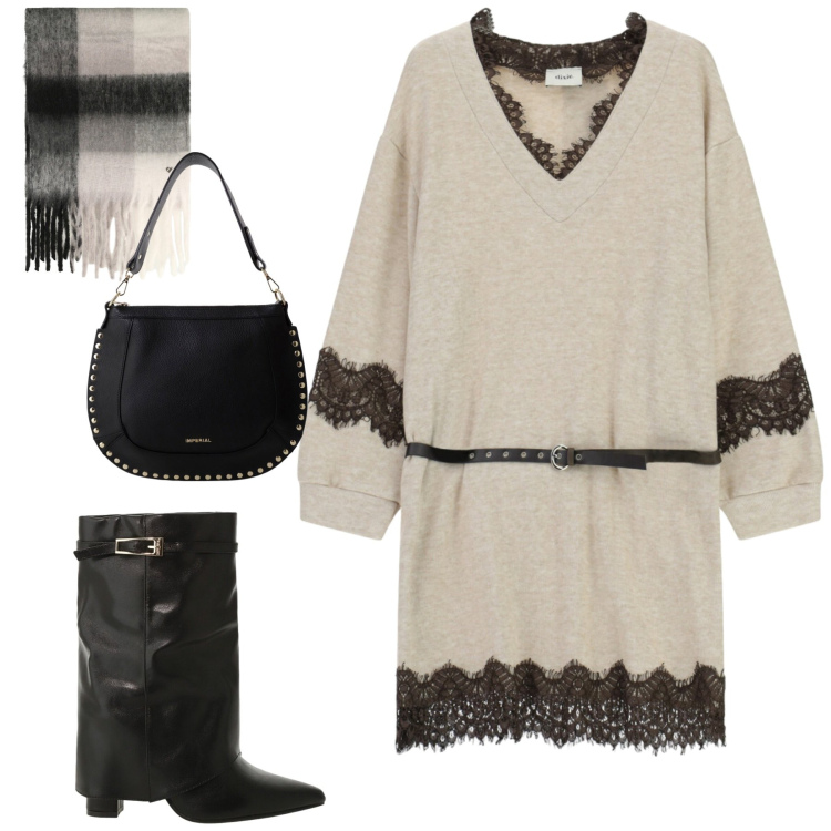 Outfit donna - Total look #2290431. Stile Casual chic per Tutti i giorni. Abbinamento con borse a spalla, stivali, sciarpe, vestiti corti.