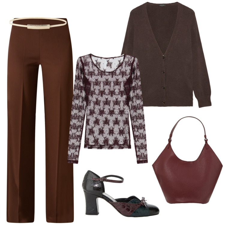 Outfit donna - Cioccolato fondente. Stile Chic per Serata fuori. Abbinamento con pantaloni a palazzo, maglieria, décolleté, borse a spalla, cinture, cardigans.