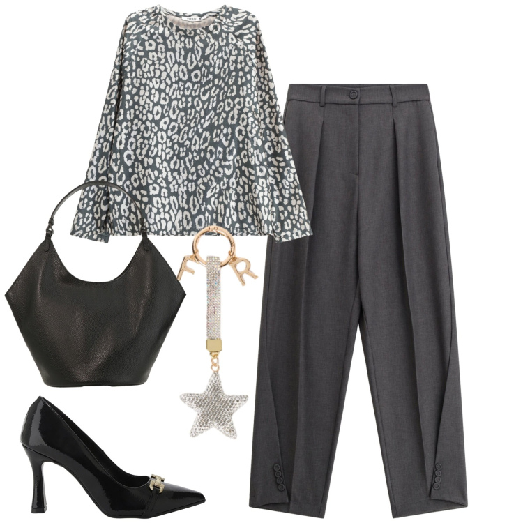 Outfit donna - City. Stile Urban per Tutti i giorni. Abbinamento con maglieria, pantaloni, décolleté, borse a spalla, portachiavi.