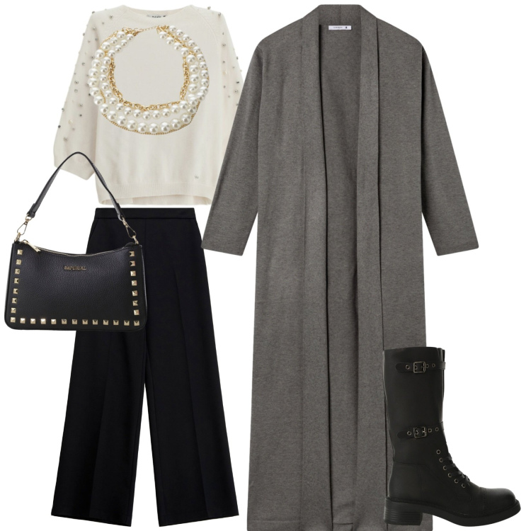 Outfit donna - Giornata di shopping. Stile Casual chic per Tutti i giorni. Abbinamento con maglieria, cardigans, pochette, stivali, pantaloni, collane.