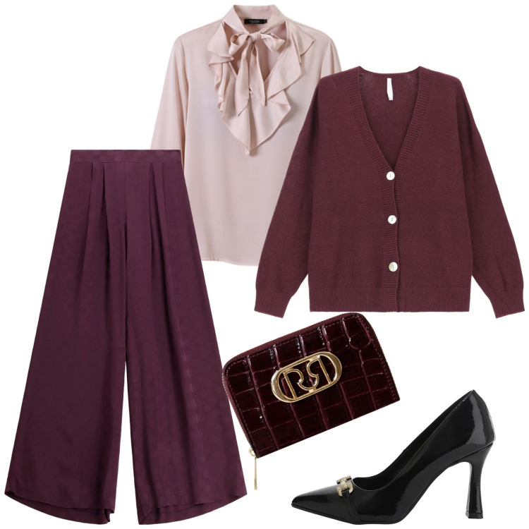 Outfit donna - Total look #2290440. Stile Bon Ton per Ufficio. Abbinamento con portafogli, bluse, décolleté, cardigans, pantaloni a palazzo.