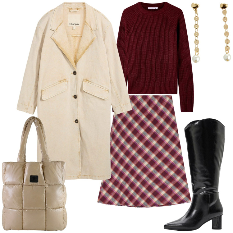 Outfit donna - Total look #2290441. Stile Chic per Tutti i giorni. Abbinamento con trench, stivali, orecchini, maglieria, gonne, shopping bag.