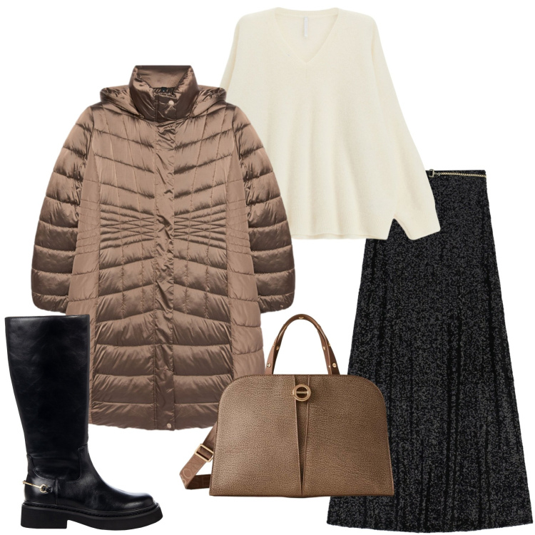 Outfit donna - Autunno in ufficio. Stile Casual chic per Ufficio. Abbinamento con stivali sopra il ginocchio, gonne lunghe, maglieria, borse a mano, piumini.