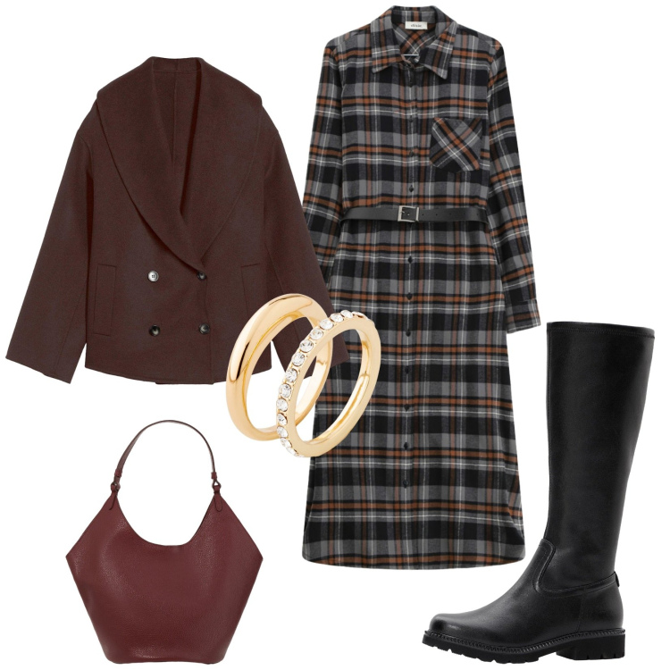 Outfit donna - Total look #2290443. Stile Casual chic per Tutti i giorni. Abbinamento con caban, anelli, stivali, vestiti midi/longuette, borse a spalla.