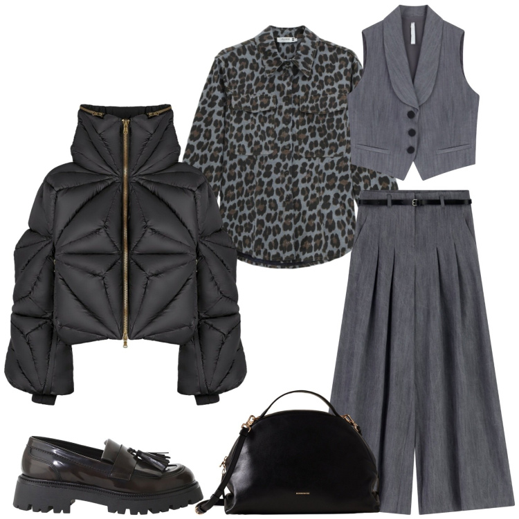 Outfit donna - Total look #2290450. Stile Chic per Ufficio. Abbinamento con camicie, pantaloni a palazzo, gilet, borse a mano, mocassini, piumini.