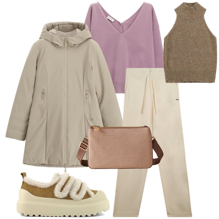 Outfit donna - Total look #2290460. Stile Casual per Tutti i giorni. Abbinamento con parka, borse a tracolla, pantaloni, top, maglieria, sneakers.