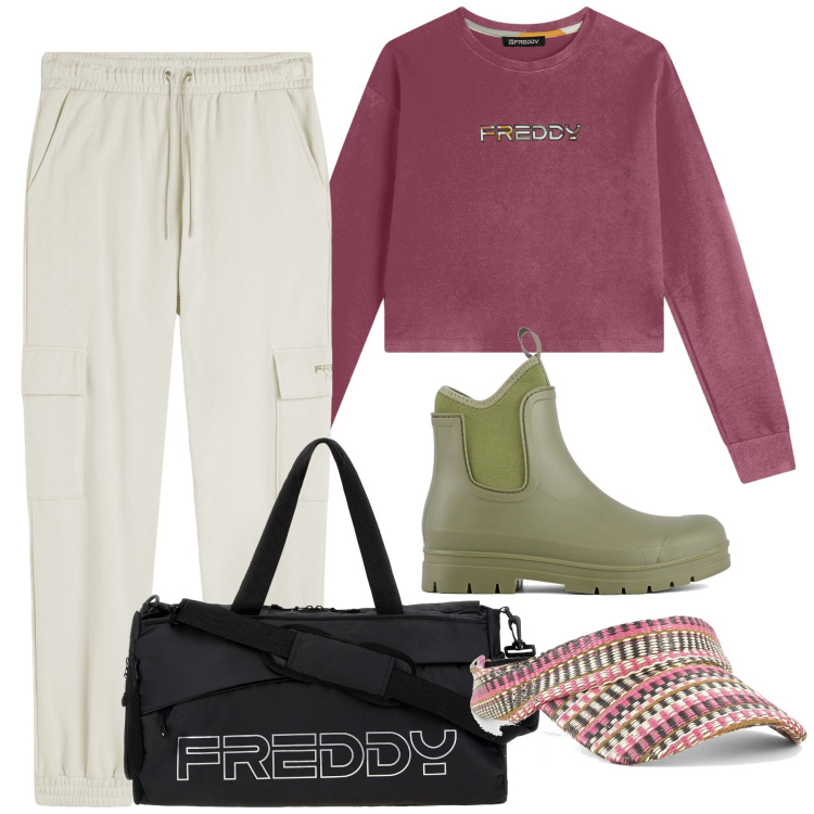 Outfit donna - Sporty-chic autunnale. Stile Sporty chic per Sport. Abbinamento con felpe, pantaloni cargo, borse sportive, stivali, cappelli con visiera.