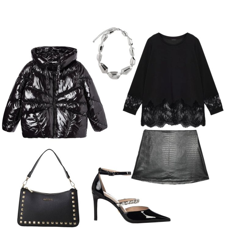 Outfit donna - It \'s only. Stile Rock per Serata fuori. look ideale per Tall. Abbinamento con décolleté, bomber, pochette, bluse, ciondoli, minigonne.