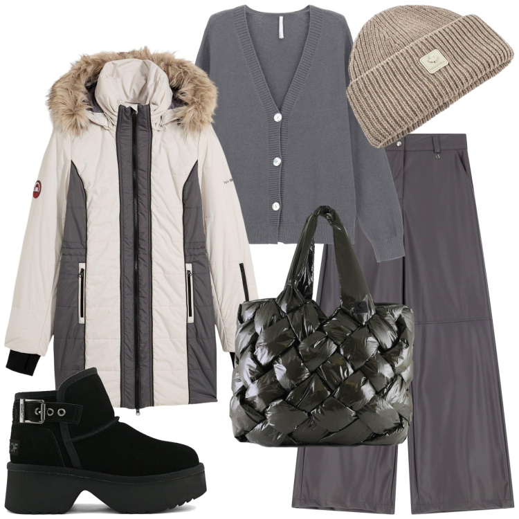 Outfit donna - Giornata in città. Stile Casual per Tutti i giorni. Abbinamento con piumini, cardigans, pantaloni, borse tote, cappelli, stivali.