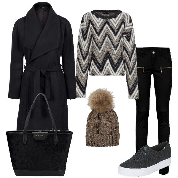 Outfit donna - Basic #1243. Stile Basic per Serata fuori. Abbinamento con pantaloni cargo, cappotto collo con revers, pullover fantasia filato bianco, sneakers, berretti, pochette interno foderato in velluto.