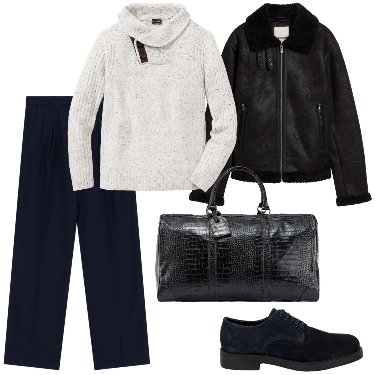 Outfit uomo - Dettagli in pelle. Stile Casual per Tutti i giorni. Abbinamento con giacche, maglieria, pantaloni, scarpe stringate, borse sportive.