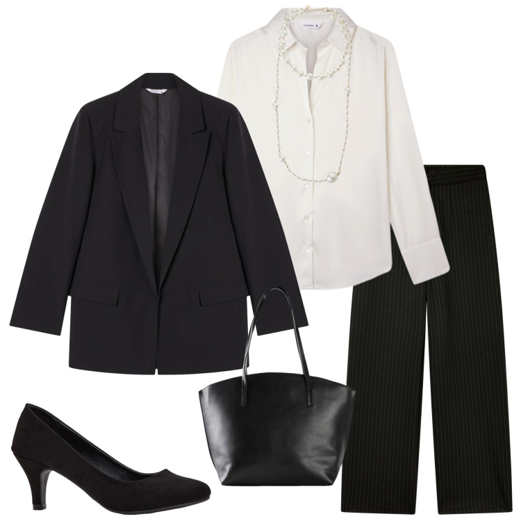 Outfit donna - Riunione in ufficio. Stile Chic per Ufficio. Abbinamento con décolleté, shopping bag, camicie, pantaloni, blazer, collane.