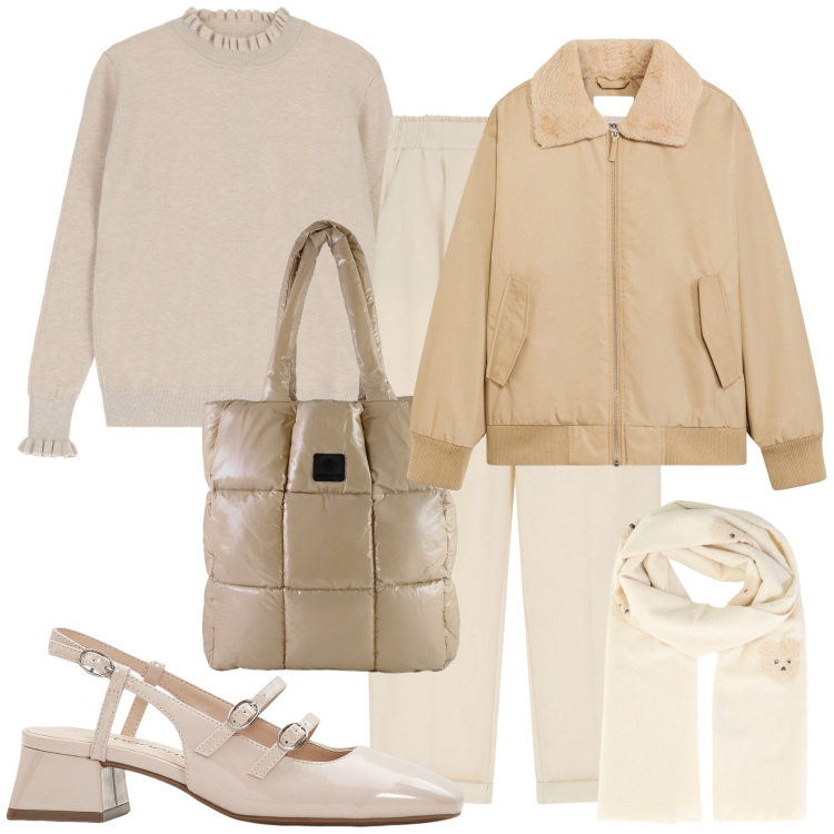 Outfit donna - Pomeriggio di shopping pre natalizio. Stile Chic per Tutti i giorni. Abbinamento con bomber, décolleté, sciarpe, maglieria, pantaloni, shopping bag.