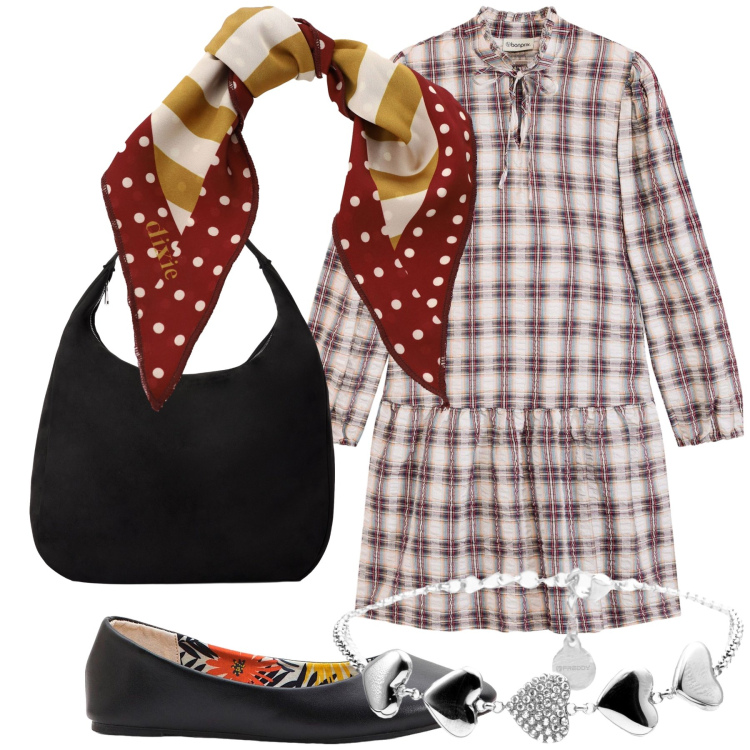 Outfit donna - Quadretti pois e cuori. Stile Preppy per Tutti i giorni. Abbinamento con ballerine, vestiti, borse a mano, braccialetti, foulard.