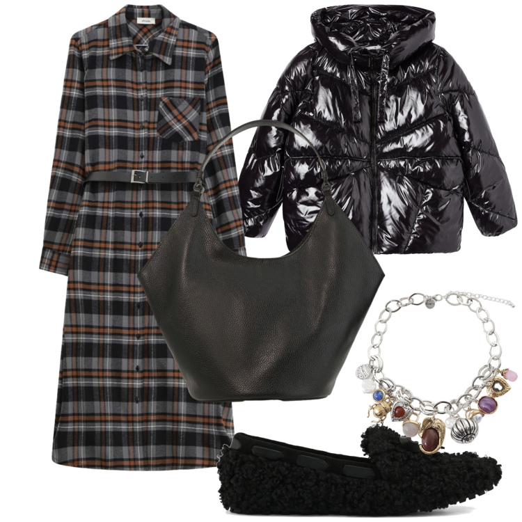 Outfit donna - Calda e alla moda con amici. Stile Urban per Tutti i giorni. Abbinamento con bomber, braccialetti con ciondoli, vestiti midi/longuette, borse a spalla, mocassini.