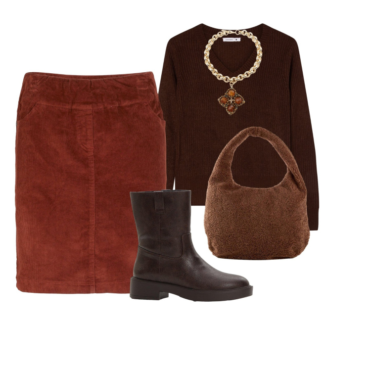 Outfit donna - La gonna di velluto. Stile Casual per Tutti i giorni. Abbinamento con gonne, stivaletti, shopping bag, maglieria, collane.