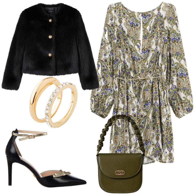 Outfit donna - Total look #2290695. Stile Chic per Cerimonia. Abbinamento con anelli, vestiti corti, ecopellicce, décolleté, borse a mano.