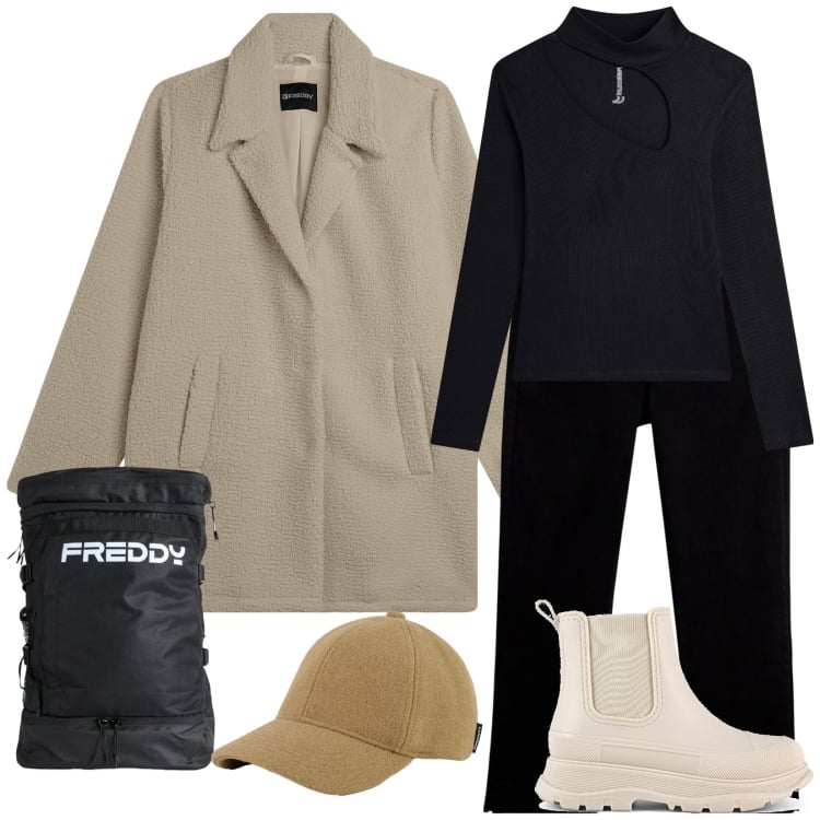 Outfit donna - Al freddo. Stile Sporty chic per Tutti i giorni. Abbinamento con cappotti, pantaloni, maglieria, zaini, cappelli, stivali.