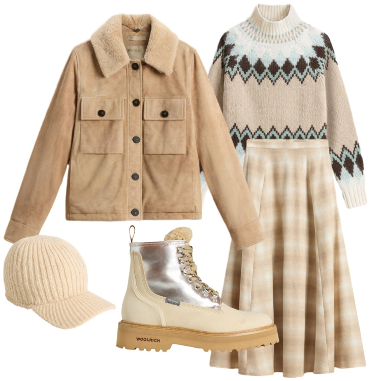 Outfit donna - Look norvegese. Stile Sporty chic per Tutti i giorni. Abbinamento con maglieria, anfibi, piumini, cappelli, gonne lunghe.