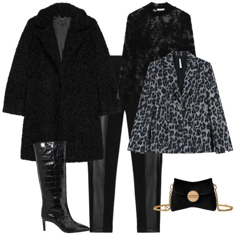 Outfit donna - Glamour cin animalier. Stile Glamour per Serata fuori. Abbinamento con blazer, borse a tracolla, stivali, top, leggings, cappotti.