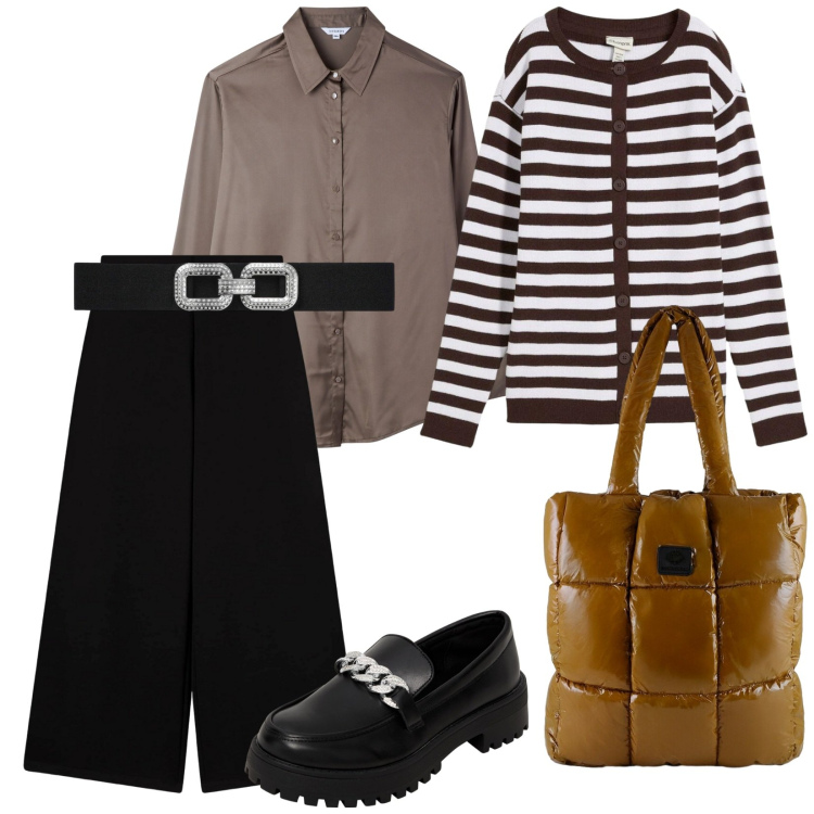 Outfit donna - Ai colloqui. per Scuola/Università. Abbinamento con cardigans, mocassini, cinture, pantaloni culotte, camicie, shopping bag.