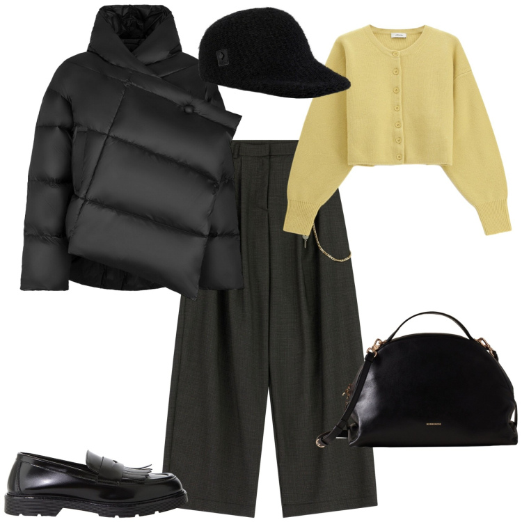 Outfit donna - Casual chic per ogni giorno. Stile Casual chic per Tutti i giorni. Abbinamento con pantaloni a palazzo, mocassini, cardigans, borse a mano, blazer, cappelli con visiera.