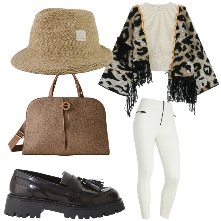 Outfit donna - Il cardigan con maniche a pipistrello. Stile Minimal Abbinamento con cardigans, borse a mano, pantaloni skinny, mocassini, cappelli.